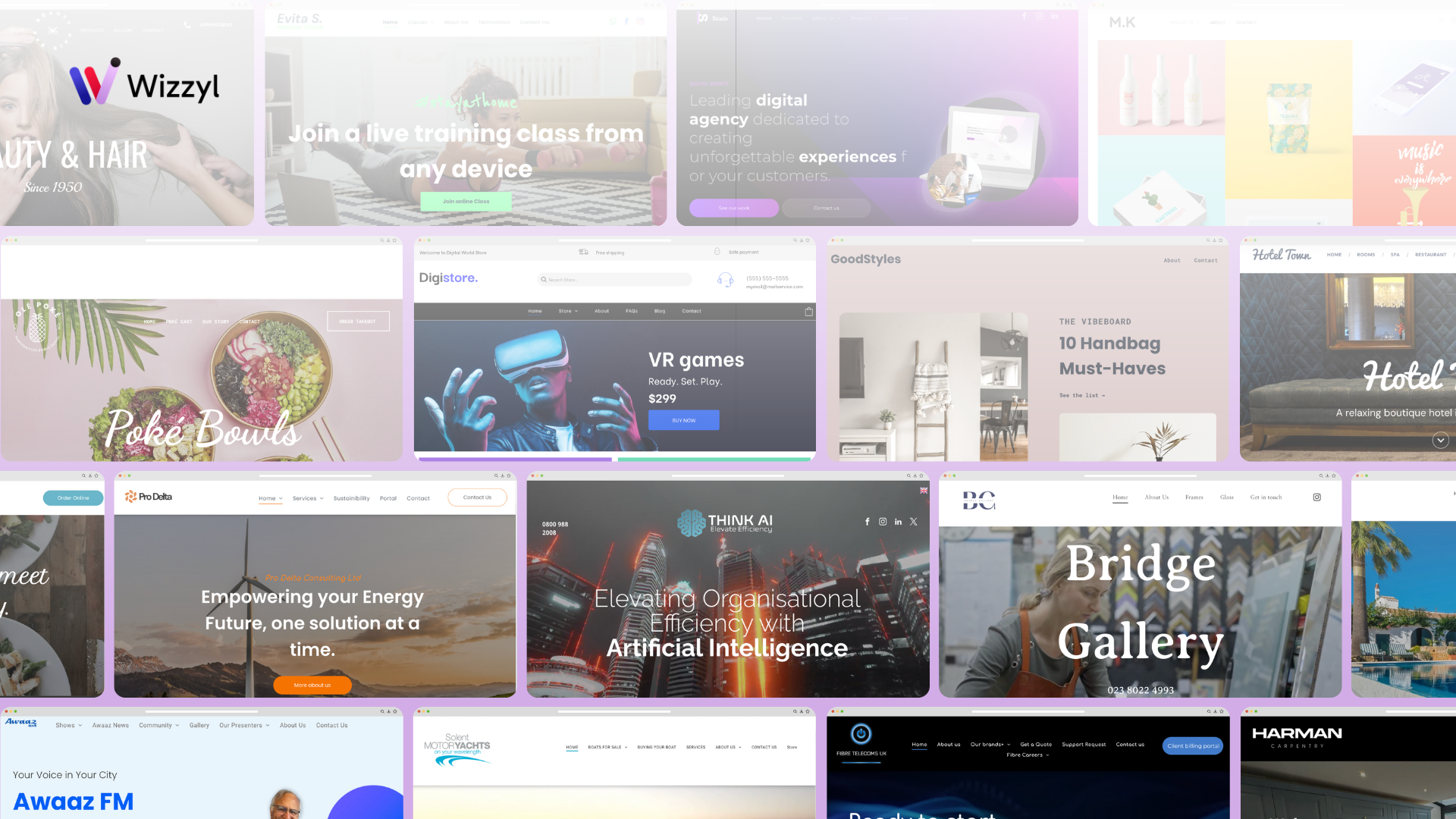 Websites, various designs and layouts, purple overlay.