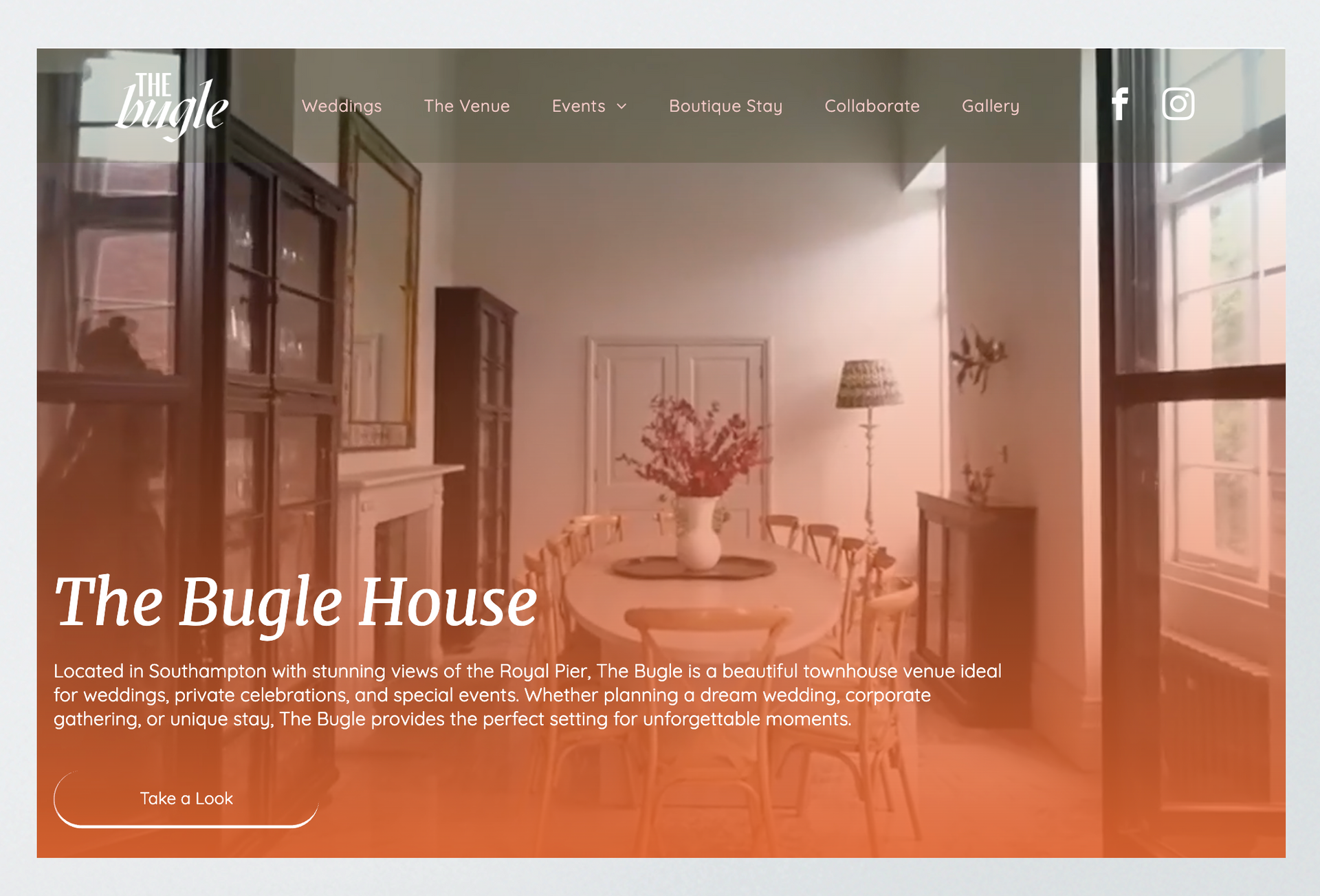 A website for the bugle house shows a dining room with a table and chairs.