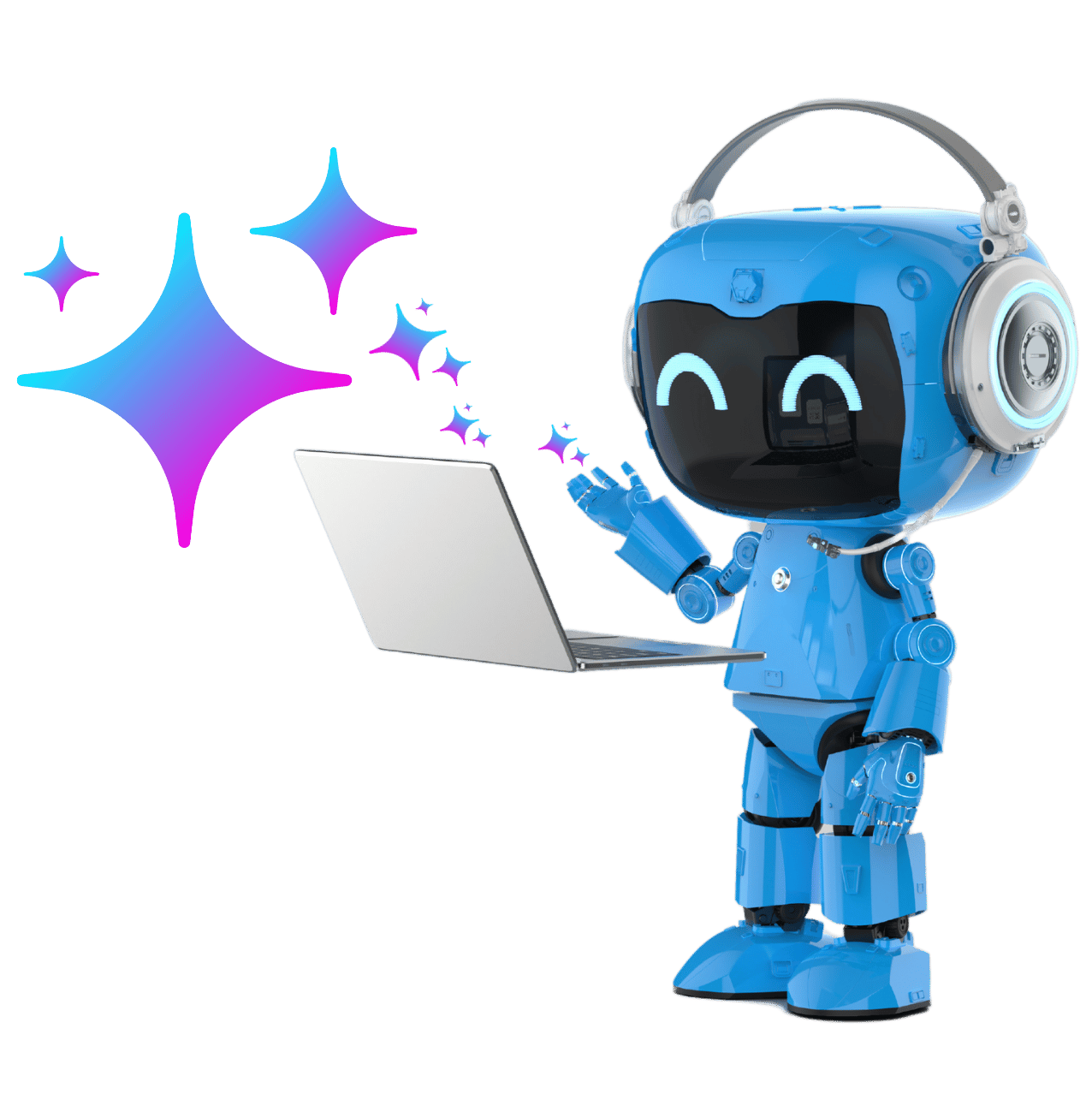 A blue robot wearing headphones is holding a laptop computer.