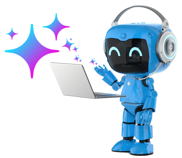 A blue robot wearing headphones is holding a laptop computer.