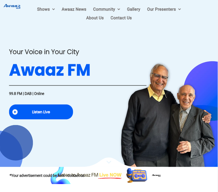 Two men are standing next to each other on the awaaz fm website.