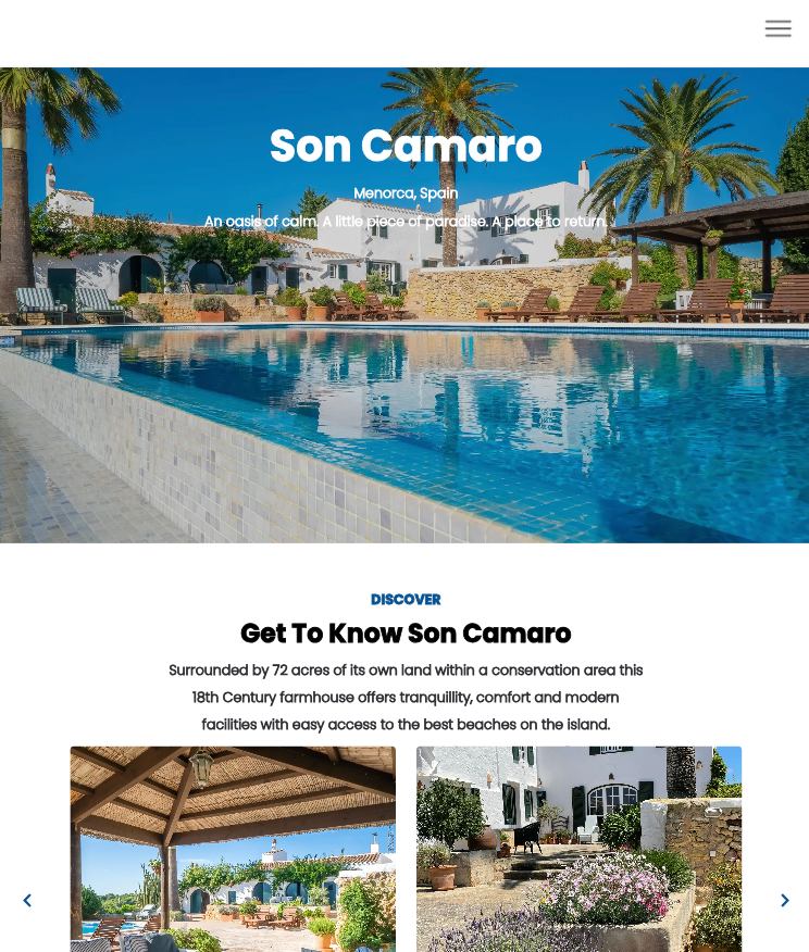 A screenshot of the son camaro website showing a large swimming pool surrounded by palm trees.