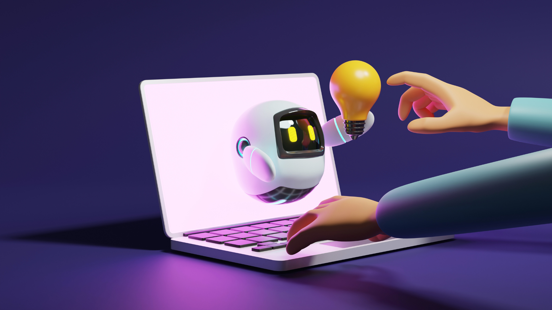 A person is typing on a laptop with a robot and a light bulb coming out of it. Wizzyl