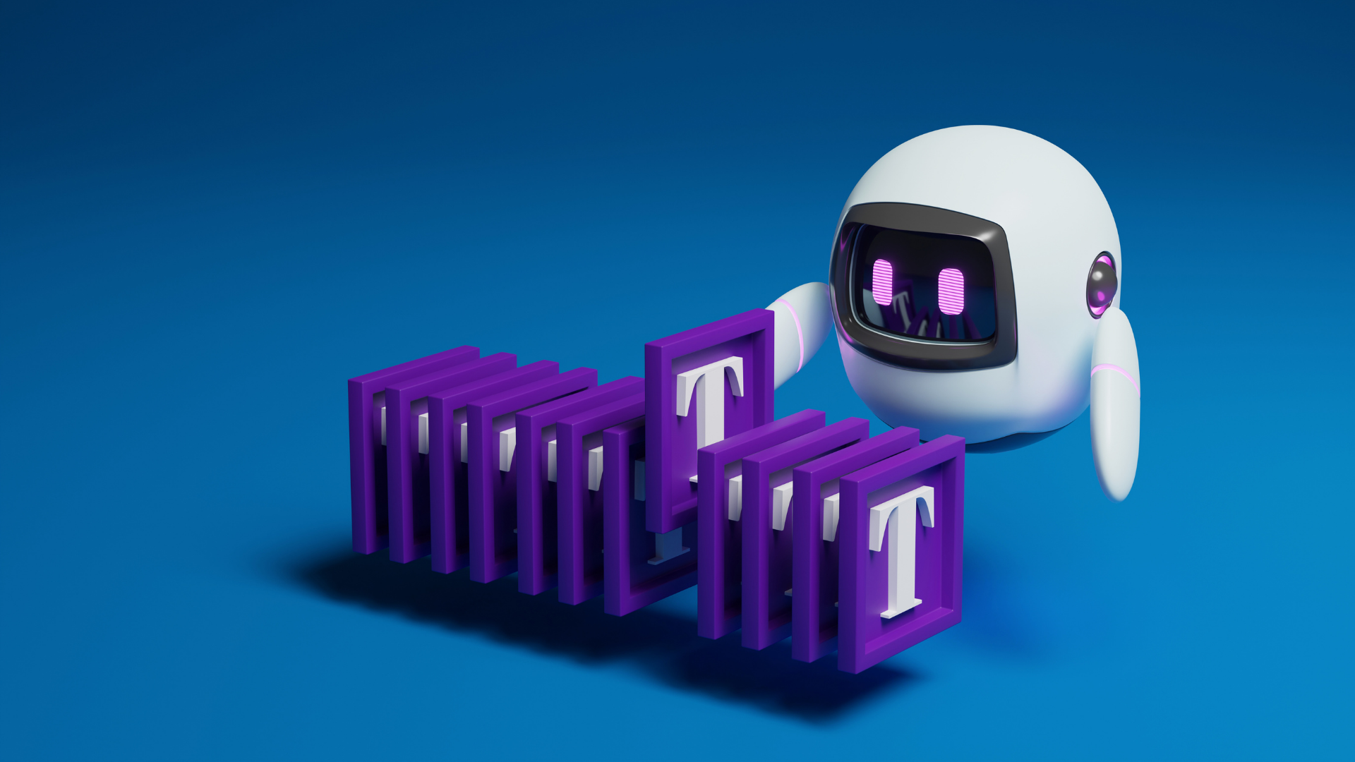 A robot is standing next to a pile of purple dominoes. Wizzyl