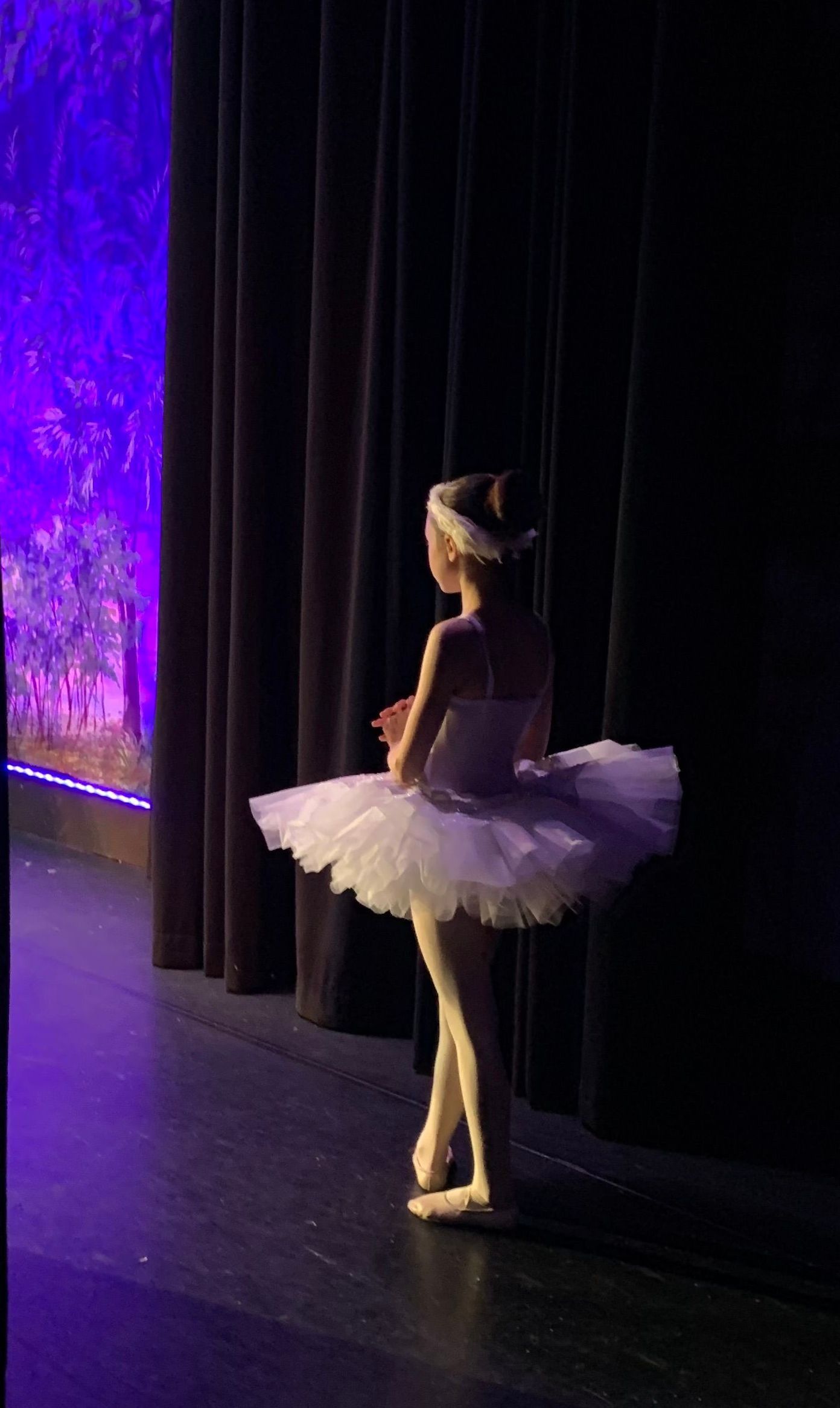 A little girl in a tutu is standing on a stage.