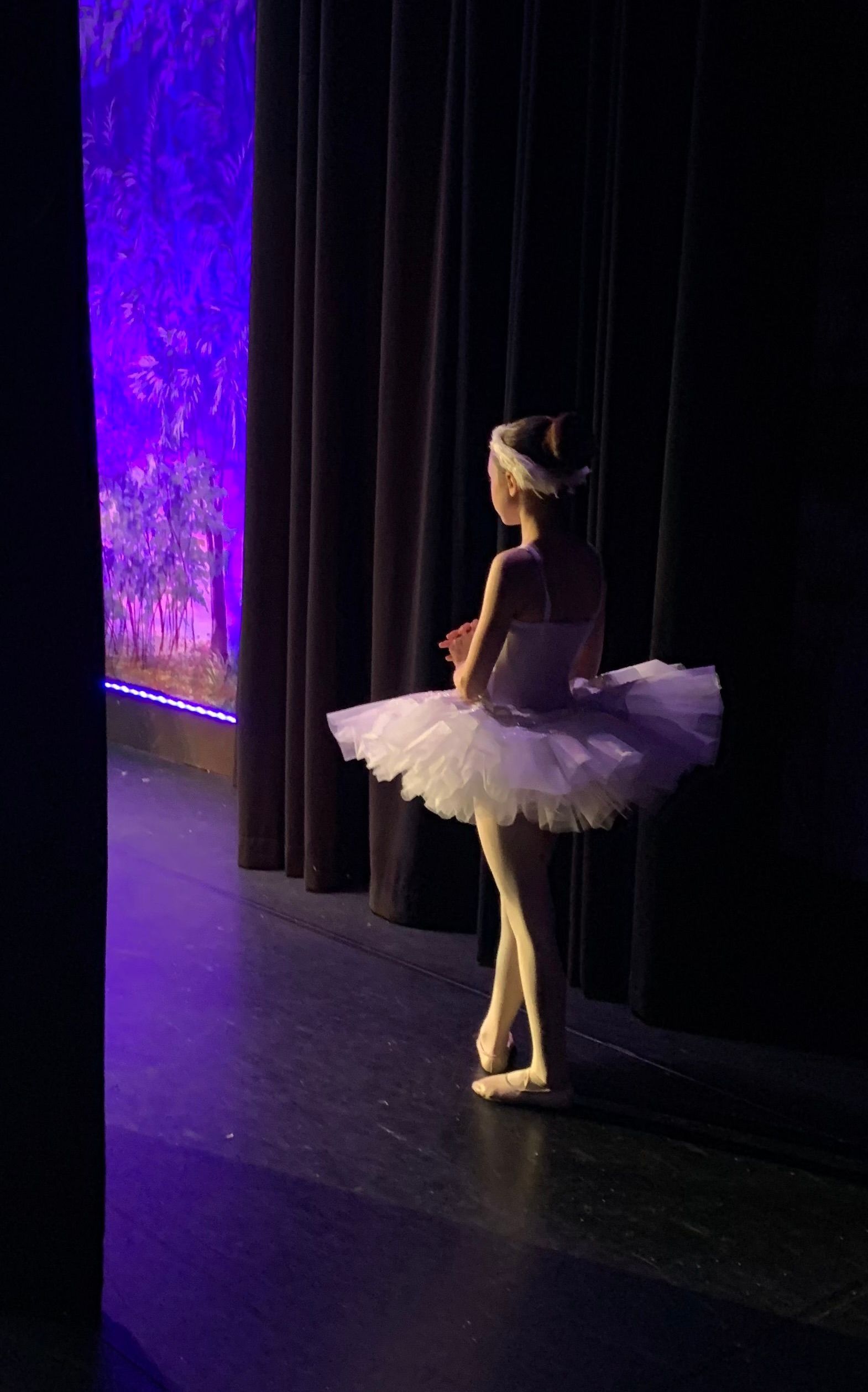 A little girl in a tutu is standing on a stage.