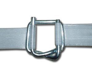A close up of a metal buckle on a white strap.