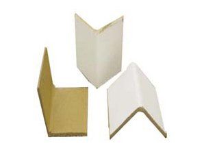 Three different types of cardboard corners are stacked on top of each other on a white background.