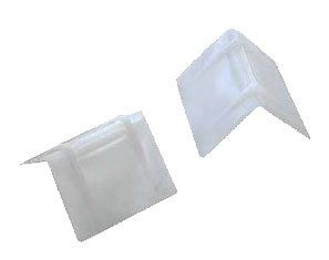 A pair of plastic corner protectors on a white background.