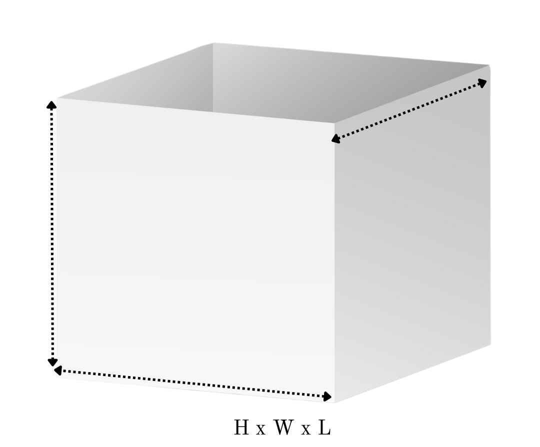 A white cube with measurements including height and width