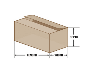 A drawing of a cardboard box showing the length and width