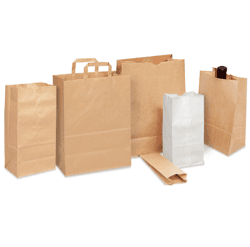 A group of brown and white paper bags on a white background