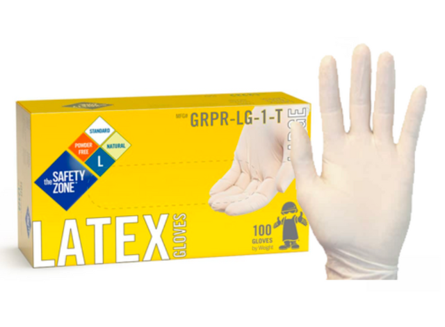 A pair of white latex gloves next to a box
