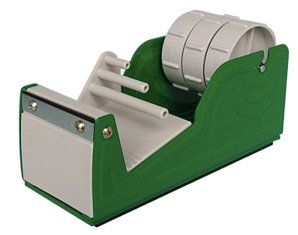 A green tape dispenser with a roll of tape in it
