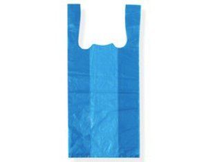 A blue plastic bag with white handles on a white background.