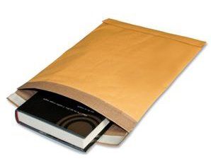 A brown envelope with a book inside of it