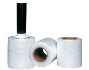 Three rolls of plastic wrap with a black handle on a white background.