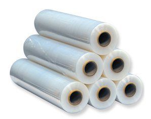 Six rolls of plastic wrap are stacked on top of each other on a white background.