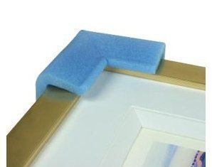 A picture frame with a blue foam protector on the corner
