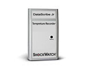 A shockwatch temperature recorder is sitting on a white surface.