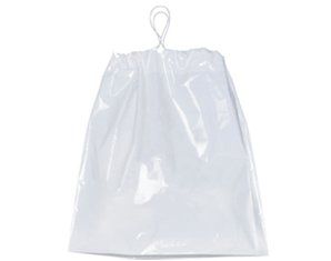 A white plastic bag with a string hanging from it.