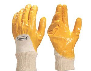 A pair of yellow safety gloves with a white cuff