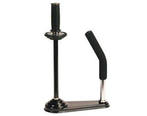 A black plastic wrap dispenser with a black handle on a white background.