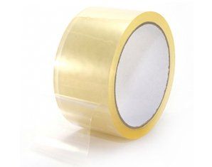 A roll of clear packing tape on a white background.