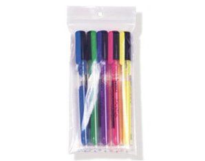 A plastic bag filled with colored pens on a white background.