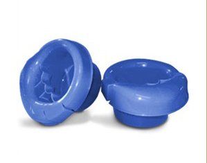 A pair of blue plastic bowls on a white background