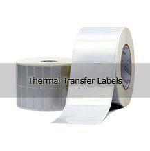Two rolls of thermal transfer labels on a white background.