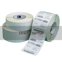 Three rolls of thermal labels are stacked on top of each other on a white background.