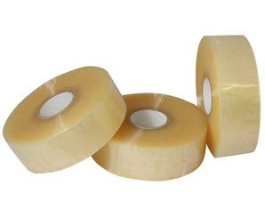 Three rolls of clear tape are stacked on top of each other
