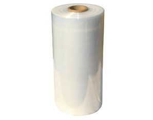A roll of clear plastic wrap with a hole in the middle on a white background.