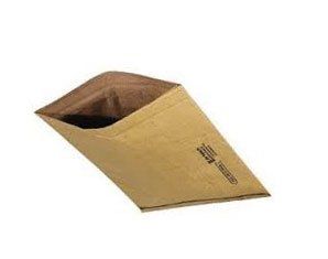 A brown padded envelope is floating in the air on a white background.