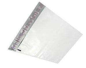 A white plastic bag with a silver stripe on the side.