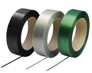 Three rolls of plastic strapping tape in different colors