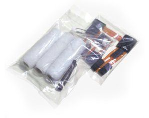 Three paint rollers are in plastic bags on a white background.