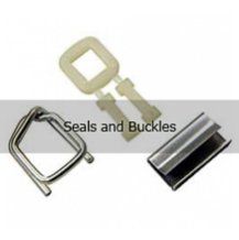 A picture of seals and buckles on a white background.