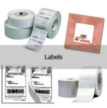 There are many different types of labels on a white background.