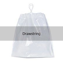 A white drawstring bag with a white string hanging from it.