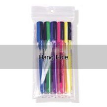 A bag of colored pens in a hang hole bag.