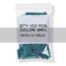 A bag of green blocks with a white label that says `` write on block ''.