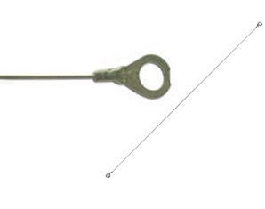 A close up of a wire with a hole in the middle on a white background.