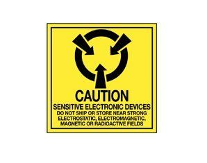 A yellow sign that says caution sensitive electronic devices do not ship or store near strong electrostatic electromagnetic magnetic or radioactive fields