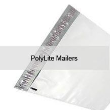 A white poly mailer with a silver stripe on the side.