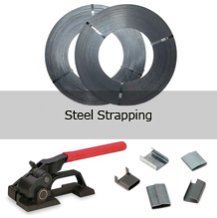 A pair of steel strapping rolls and a strapping machine.