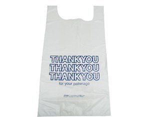 A white plastic bag with the words `` thank you thank you thank you '' on it.