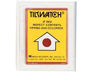 A tiltwatch sign that says if red inspect contents tipping has occurred