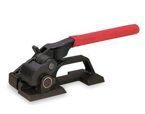 A black tool with a red handle on a white background.